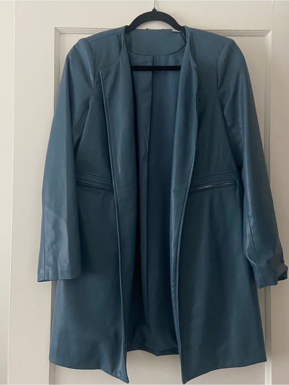 Chico’s Blue Long Faux Leather Open-Front Coat.  Stylish sleek classic look!